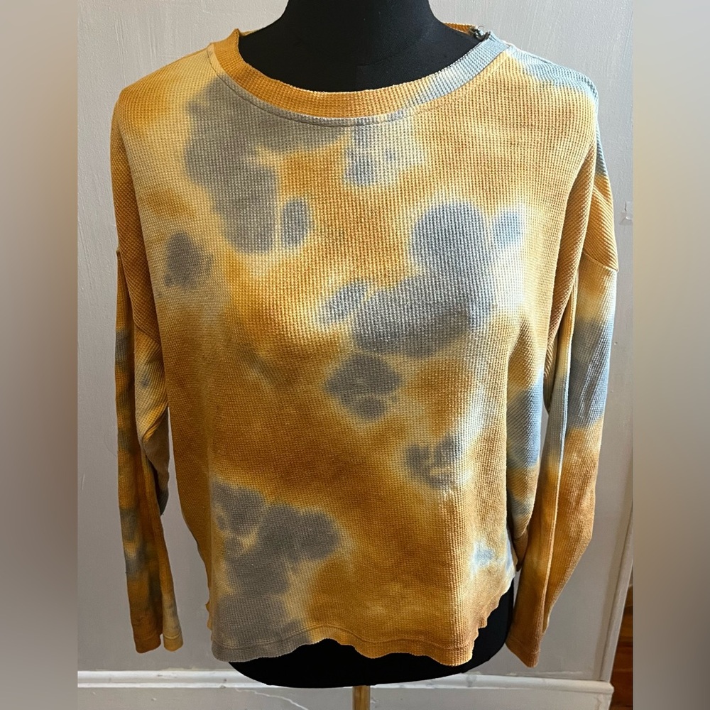 For The Republic Blue & Yellow Tie Dye Waffle Knit Long Sleeve Shirt Size S